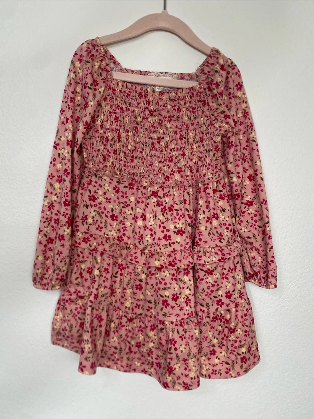 Btween Girls Pink Smock Floral Tiered Long Sleeve Mini Dress Size 4 Cottagecore